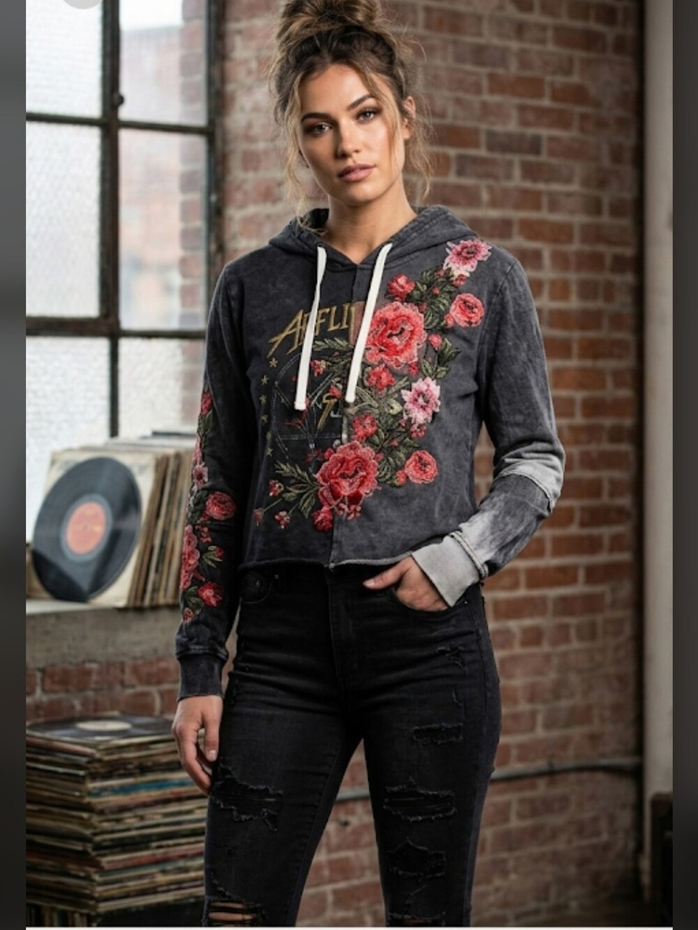 Affliction Live Fast Embroidered Rose Hoodie L